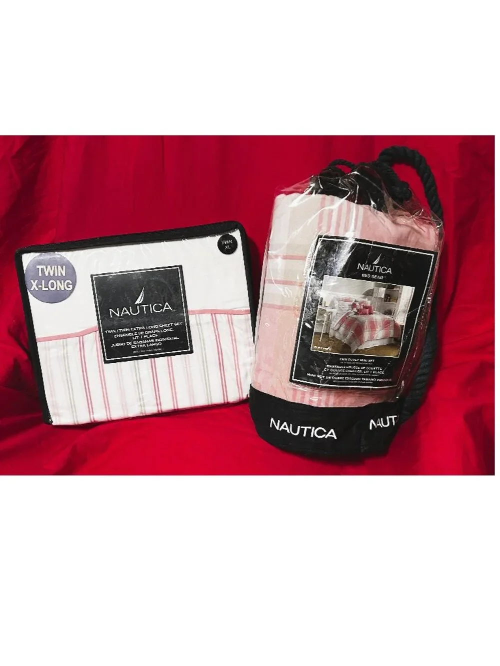 TWIN XL COTTON Duvet Cover Sham Deep Fitted Sheet set~Nautica pink/white stripe